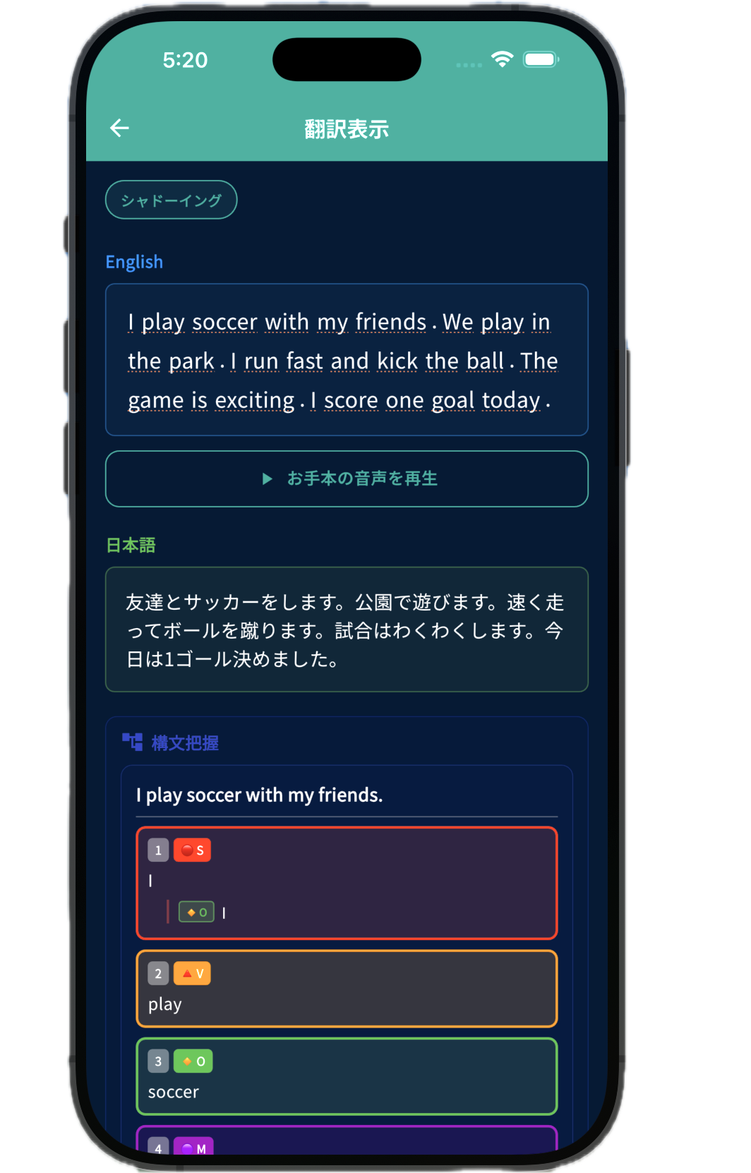 Reader の翻訳・文法解析画面