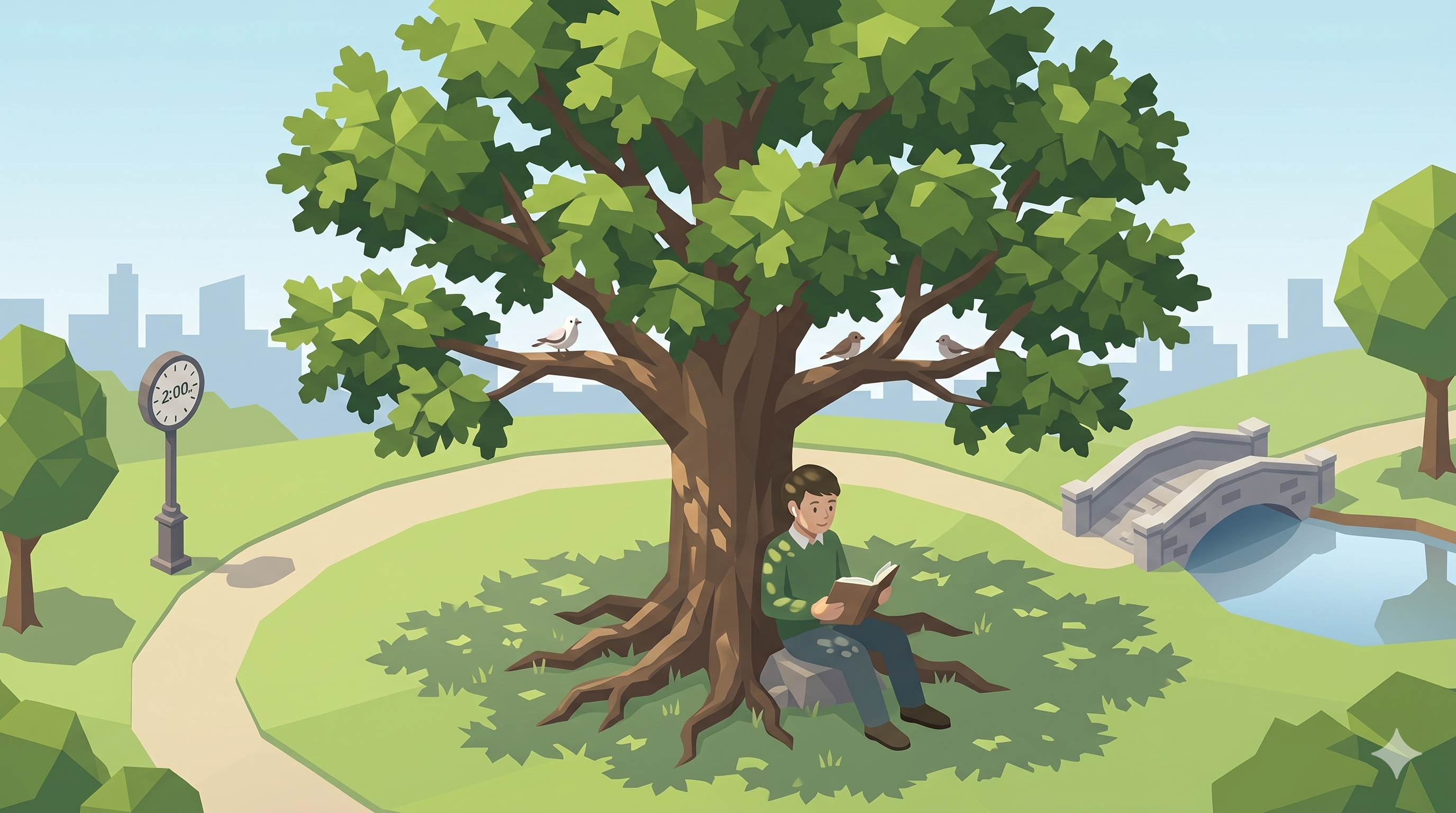 木の下で本を読む男性のイラスト ── 英語をイメージで捉える例